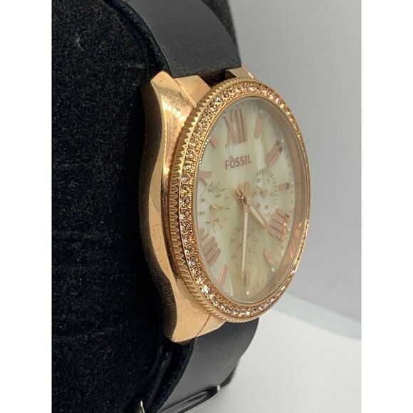 Fossil AM4616 Women's Black Leather Analog Beige Dial Genuine Wrist Watch RU239 - Picture 4 of 11